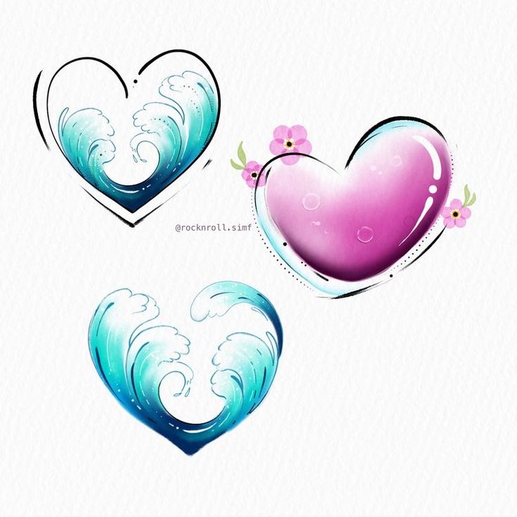 two hearts shaped like waves and one with flowers on it are shown in three different colors