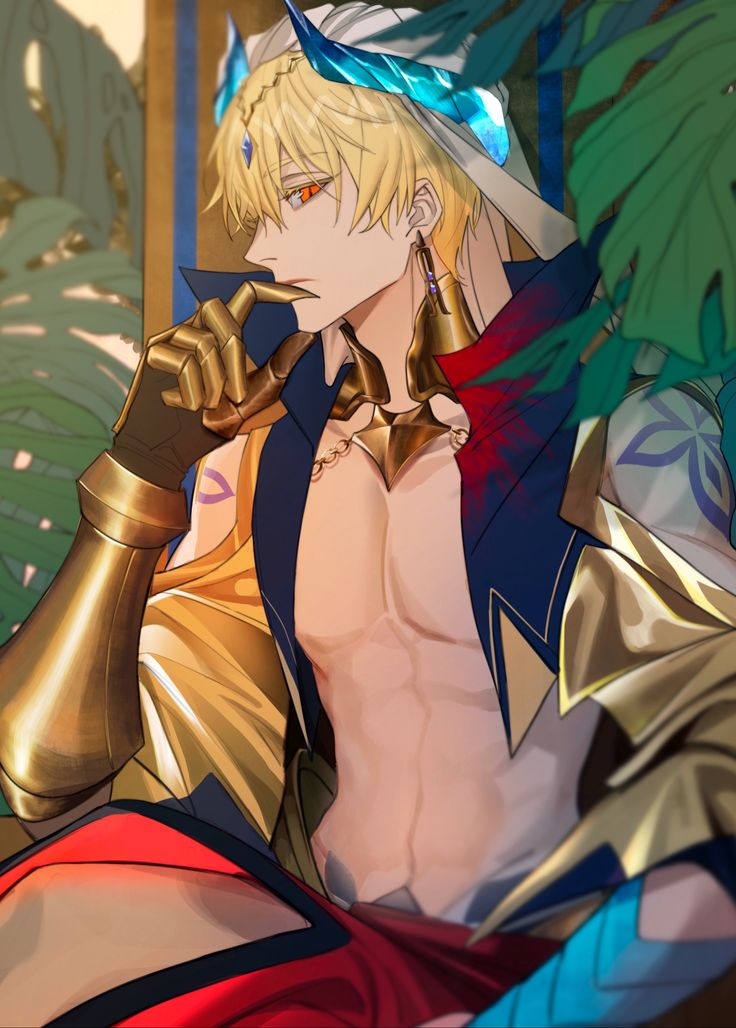 an anime character with blonde hair and blue eyes sitting in front of palm trees, holding his hand up to his face