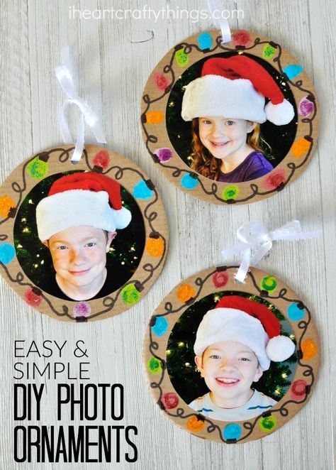 three christmas ornament ornaments with the words easy and simple diy photo ornaments