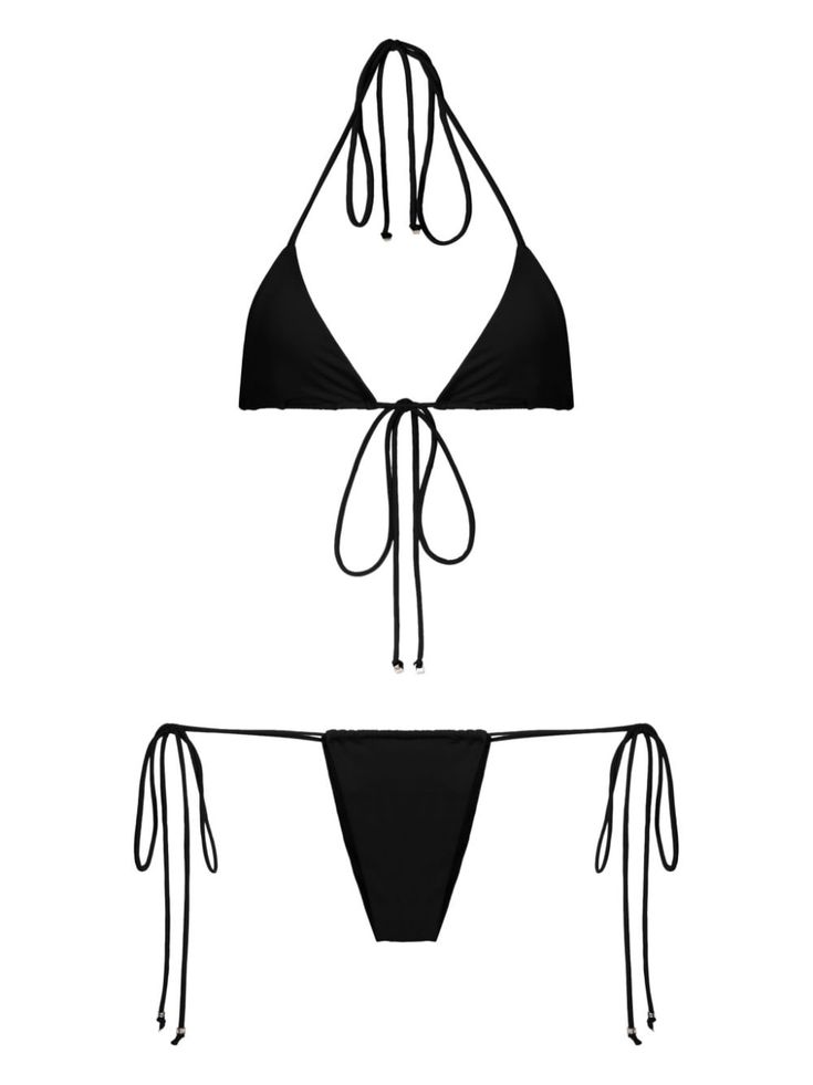 black stretch-design Top: halterneck halterneck tie fastening rear tie fastening triangle cup Bottoms: side-tie bottoms Be mindful to try on swimwear over your own garments. Black Triangle Swimwear For Pool, Black Triangle Swimwear For Poolside, Black Adjustable Triangle Halter Top, Black String Tie Swimwear For Summer, Black String Tie Swimwear For Beach, Be Mindful, City Dress, Swim Wear, Clothes Style