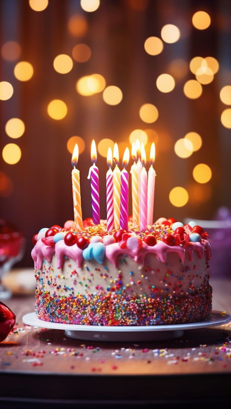 a birthday cake with lit candles on it and confetti sprinkles