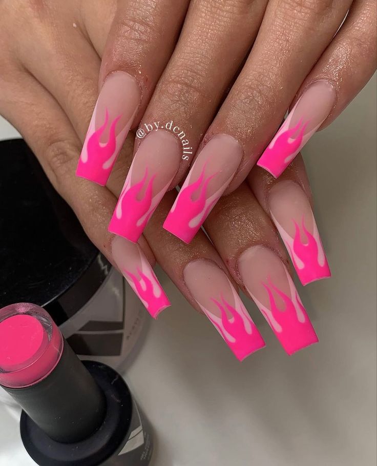 Neon Pink Flame Nails, Pink Fire Nails Designs, Hot Neon Pink Nails, Neon Pink Acrylic Nails Designs, Chrome Flames Nails, Pink Rave Nails, Hot Pink Baddie Nails, Neon Fire Nails, Pink Flames Nails