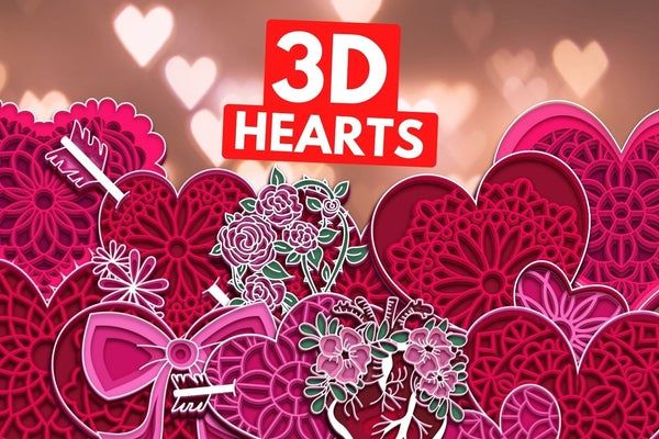 valentine's day card with 3d hearts and flowers