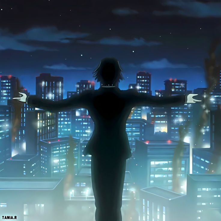 a woman standing in front of a cityscape at night with her arms outstretched