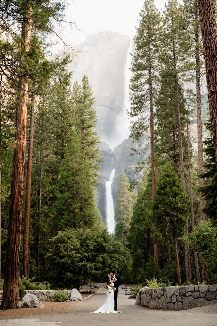 a bride and groom standing in front of a waterfall surrounded by tall trees at their wedding