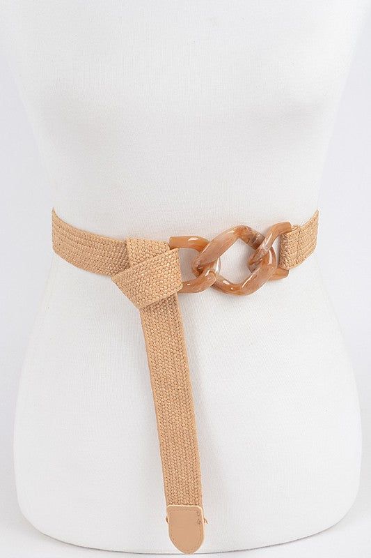 Introducing the Link Cuff Elastic Belt: a sophisticated and unique accessory to elevate any look. Crafted with premium elastic fabric, this statement belt features a stylish and secure clasp closure that offers a one-of-a-kind link cuff design. Perfect for everyday wear or special occasions, this luxurious belt will instantly add an elevated touch to your wardrobe. PVC/ELASTIC APPROX. WIDTH:1.25". LENGTH:47" Adjustable Beige Belt For Spring, Beige Adjustable Belt For Spring, Spring Adjustable Beige Belt, Adjustable Beige Belt For Summer, Modern Adjustable Brown Belt, Elegant Belts For Beach, Elegant Fabric Belt For Summer, Trendy Beige Belt For Summer, Trendy Beige Summer Belt