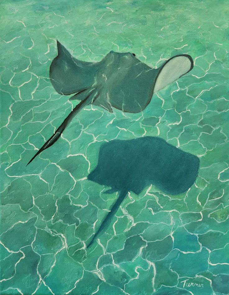 Solitary stingray under refractive light Aquarium Painting Ideas, Scuba Diving Drawing, Ocean Animals Painting, Stingray Painting Acrylic, Diving Painting, Sting Ray Painting Acrylic, Aesthetic Oil Painting, Marine Life Painting Underwater, Underwater Gouache Painting