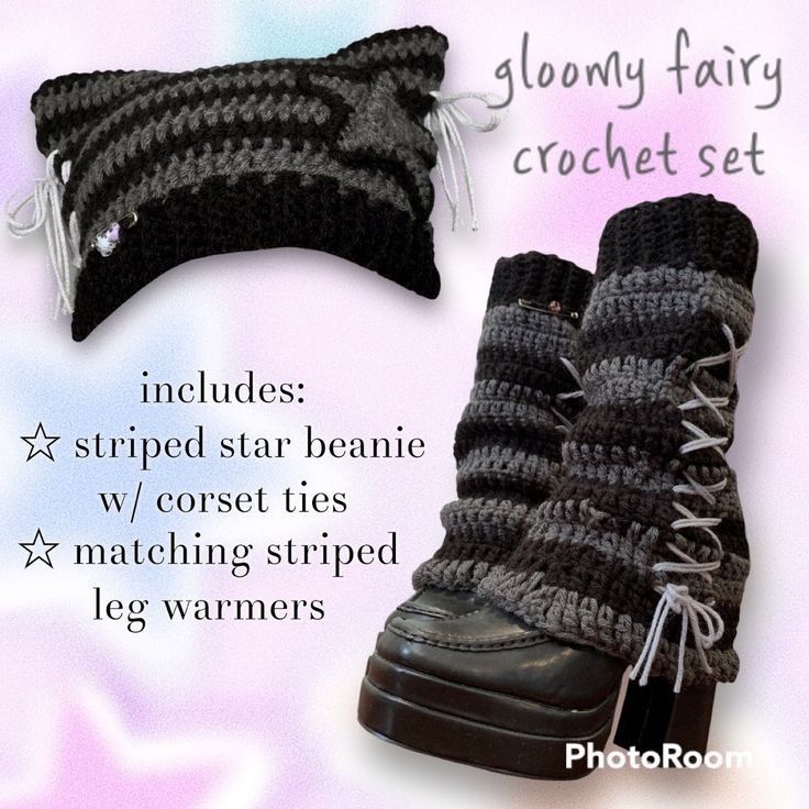 Crochet cat hat knitting double crochet leg warmers gloomy fairy Knitting Patterns Drawing, Cute Arm Warmers Aesthetic, Crochet For Adults, Easy Diy Outfit Ideas, Cute Hat Crochet Pattern Free, Crochet Clothes Set Pattern, Grunge Crochet Accessories, Crochet Grunge Aesthetic, Crochet Ideas Black Yarn