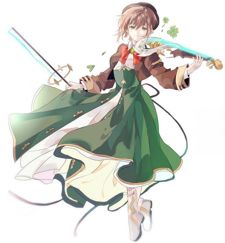 an anime character holding two swords and wearing a green dress