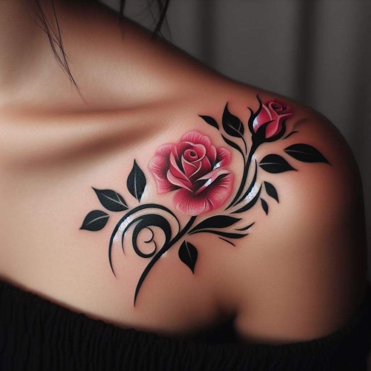 a woman's shoulder with flowers and leaves on the back of her body,