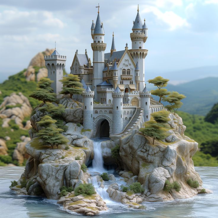 a castle with a waterfall in front of it