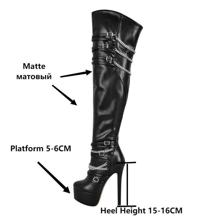 Introducing our exquisite Metal Chain Over The Knee Boots â€?a true embodiment of winter elegance. Handcrafted with meticulous attention to detail. these boots combine sophistication and craftsmanship seamlessly. The pointed toe design adds a touch of refinement. while the PU upper material ensures durability and a sleek appearance.Featuring a concise style. these boots are the perfect complement to your winter fashion. The PU shaft material offers a comfortable fit that's tailored to perfection Women's Over The Knee Boots, Heels Aesthetic, Modern Boots, Zippers Fashion, Super High Heels, Pu Heels, Boot Types, Black Boots Women, Pointed Toe Heels