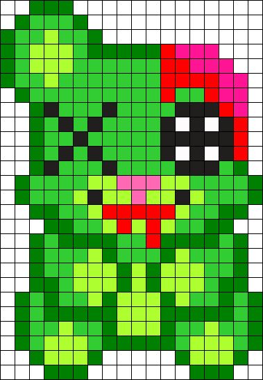 an image of a pixellated pattern with the head of a green monster in red and black