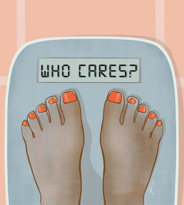 an image of feet on a scale with the words who cares?