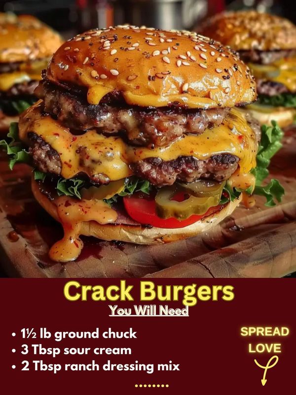 a large hamburger sitting on top of a wooden cutting board next to other burgers