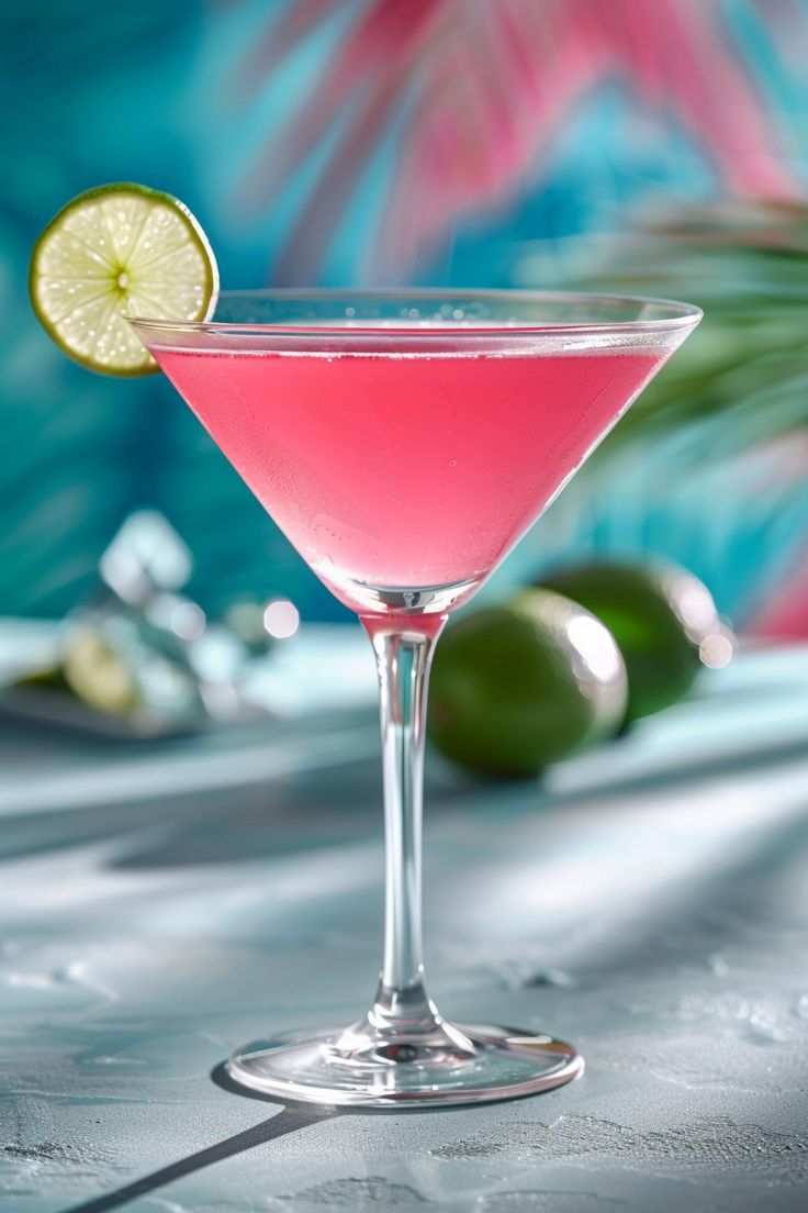 a pink drink with a lime slice on the rim in front of a blue background