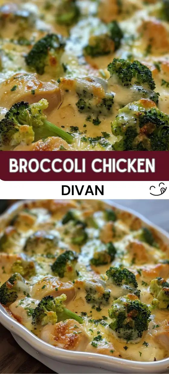 broccoli chicken casserole in a white dish with the title above it