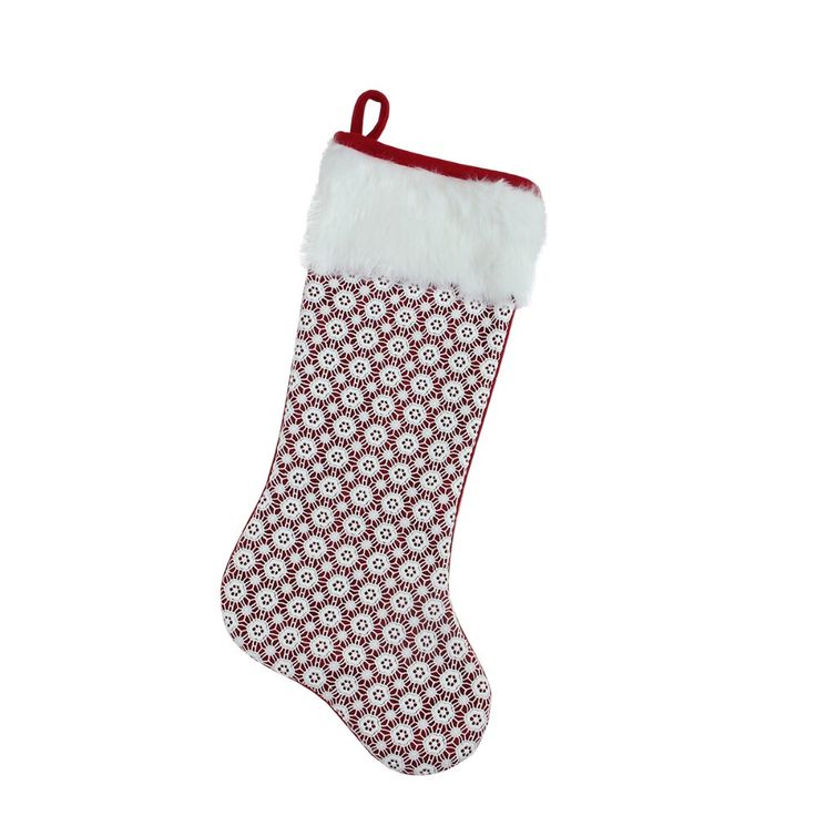 a red and white christmas stocking with snowflakes