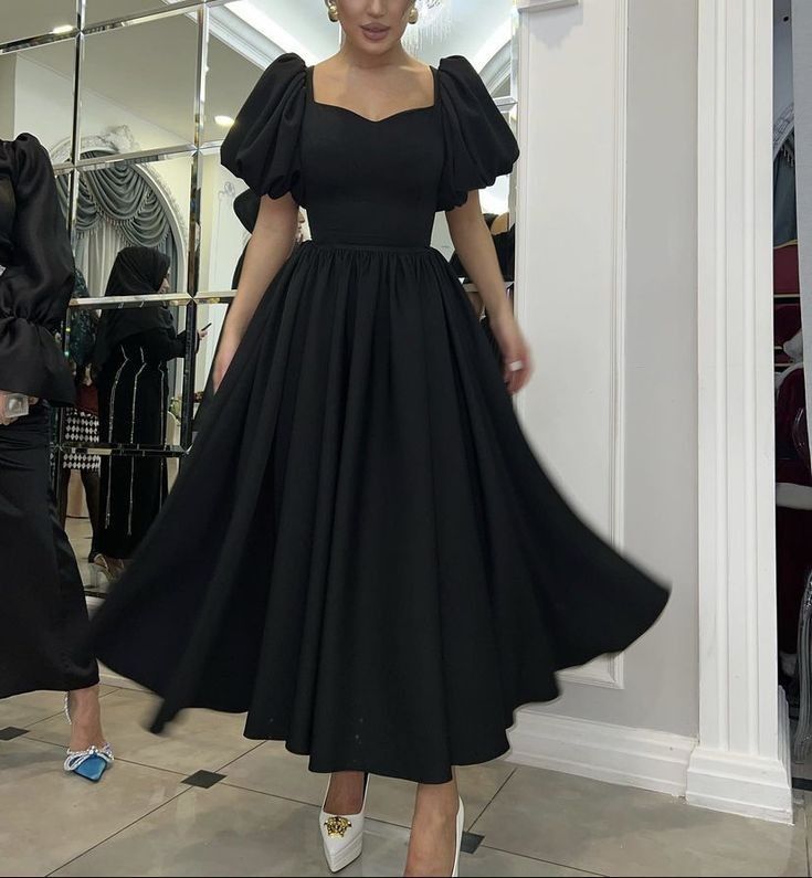 Prom Dress With Puffy Sleeves, Black Puffy Dress, Front Bow Dress, Civil Dress, Dress With Puffy Sleeves, A Line Prom Dress, Classy Gowns, Black Dresses Classy, Beautiful Casual Dresses