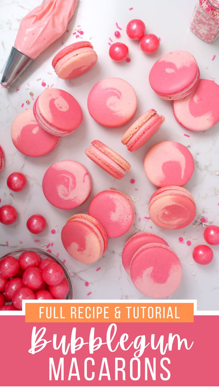 pink macarons with text overlay that reads full recipe and tutor bubblegum macaroons