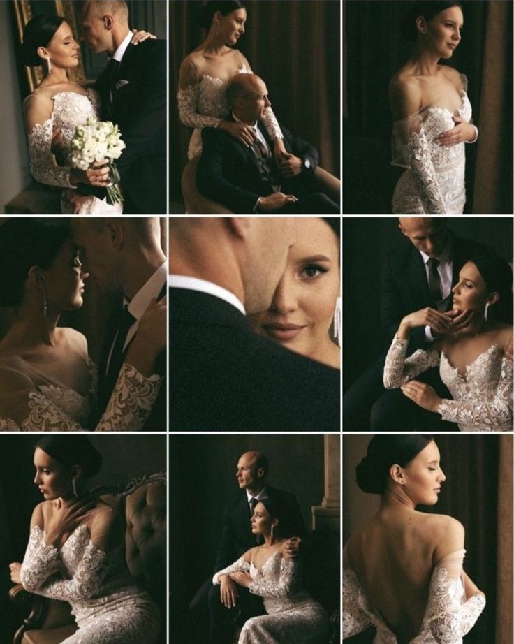 a collage of photos showing the bride and groom in their wedding gowns, holding each other