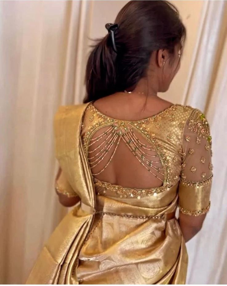 Blouse Back Neck Designs For Engagement, Gold Saree Blouse Design Indian Weddings, Muhurtham Aari Work Blouse, Gold Sarees For Bride, Pearls Blouse Designs, Gold Blouse Work Designs, Aari Work Blouse For Bride, Pearl Blouse Designs Embroidery, Blouse Design For Engagement