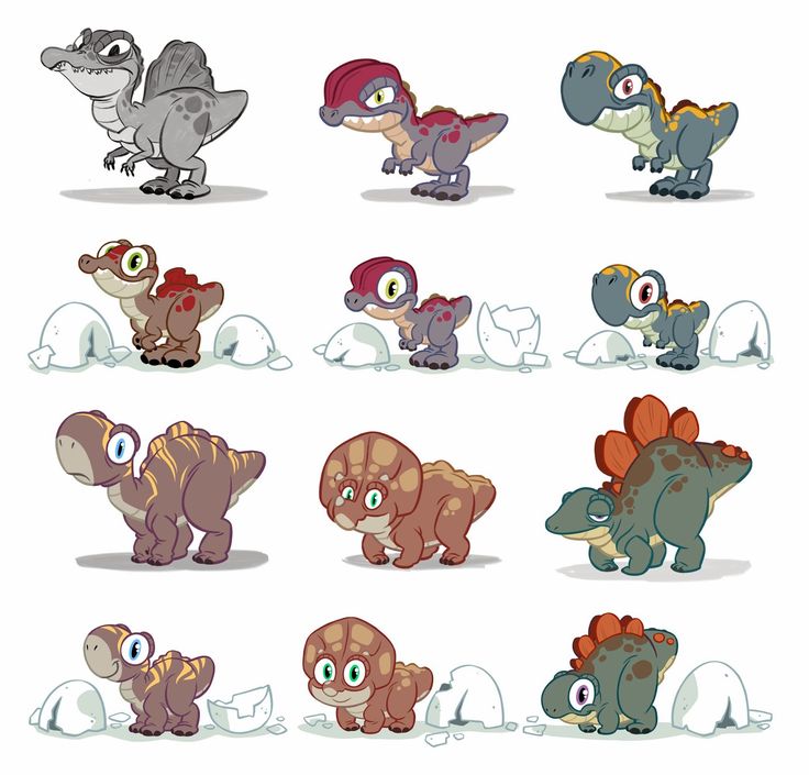 an image of different cartoon dinosaurs in various poses and sizes, including one dinosaur with big eyes