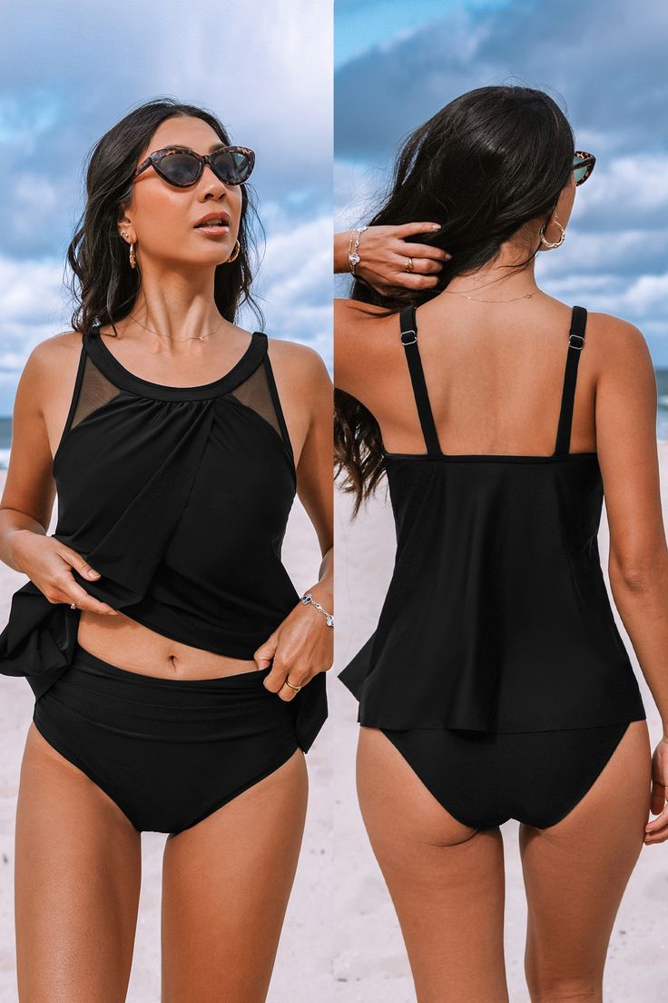 Looking for a mix of style and comfort? The Mesh Round Neck Tankini & Retro Bottoms Set features a chic mesh design with a round neck top and retro-style bottoms. Perfect for a fashionable and relaxed beach day. Product Code: CAA12A4E101AA/ CAA12B4E101AA Features:  Round neckline Adjustable straps Removable soft cups Medium bust support Mesh panels Mid-rise Retro low-cut leg Retro full bum coverage Regular wash Materials: 80%NYLON, 20%SPANDEX Lining: 92%POLYESTER, 8%SPANDEX. Fitted Crew Neck Swimwear For Beach, Summer Stretch Mesh Beach Top, Beach Stretch Mesh Top, Summer Beach Stretch Mesh Top, Stretch Mesh Top For Beach In Summer, Sleeveless Mesh Swimwear For Summer, Stretch Mesh Top For Summer Beach, Fitted Crew Neck Swimwear For Beach Season, Chic Stretch Tankini For Beach Season