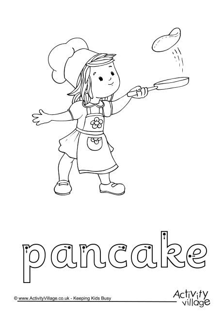 a coloring page with the words pancake and a cartoon girl holding a spatula