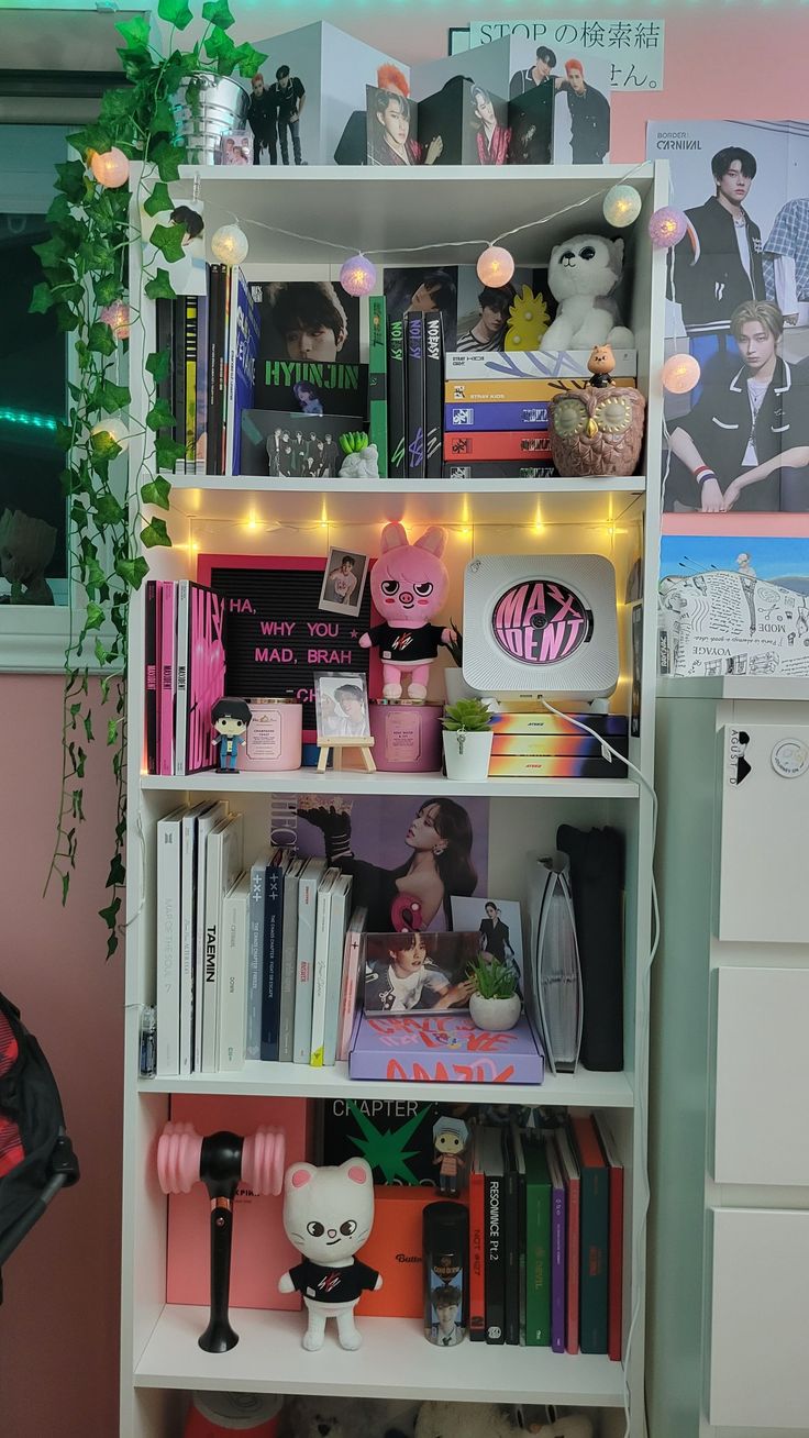 Stray kids kpop album K Pop Album Storage, Aesthetic Kpop Album Shelf, Straykids Bedroom Ideas, K Pop Display, K Pop Decor, Kpop Album Shelves, Skz Album Shelf, Kpop Display Shelf, K Pop Themed Room