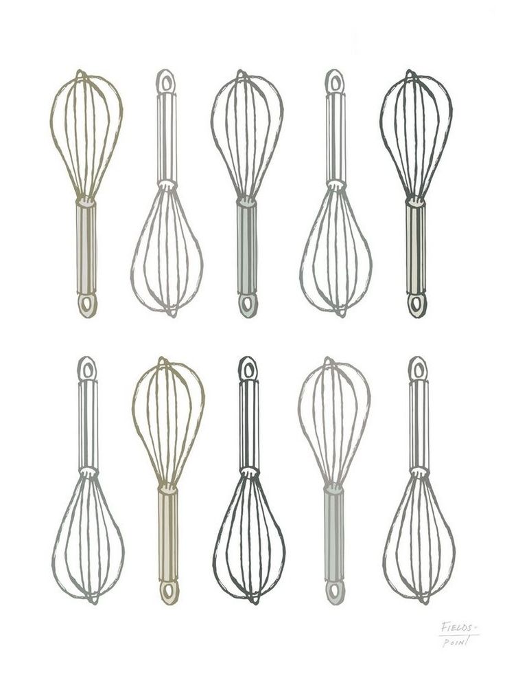 six wire whisk attachments in various sizes and colors on a white background