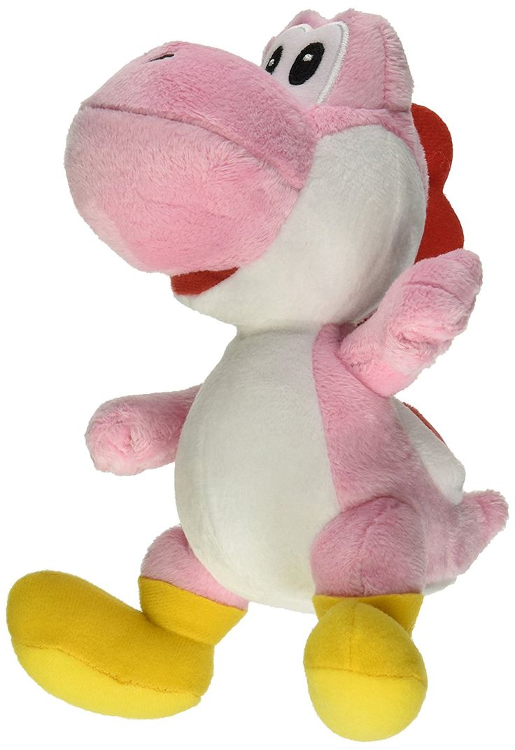 a pink and white stuffed animal with yellow feet