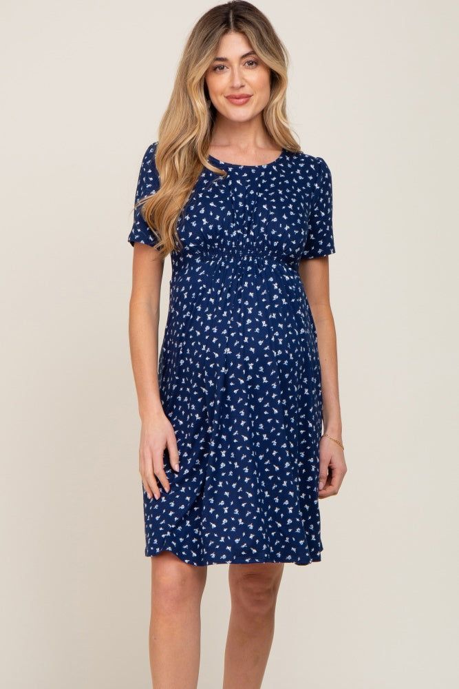 Navy Floral Smocked Short Sleeve Maternity Dress – PinkBlush Summer Maternity Dress With Smocked Back, Fitted Maternity Dress With Smocked Back, Summer Short Sleeve Maternity Dress, Summer Maternity Dress With Short Sleeves, Short Sleeve Maternity Stretch Dresses, Short Sleeve Stretch Maternity Dresses, Maternity Stretch Dresses With Short Sleeves, Stretch Maternity Dress With Short Sleeves, Casual Fitted Maternity Dress With Smocked Back