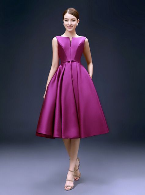 Elegant Satin Knee Length Low Back Fuchsia Cocktail Dress Backless Cocktail Dress, Gown Cocktail, Occasion Dresses Wedding, Satin Short, Vestido Plus Size, Short Prom Dress, Short Prom, Cocktail Party Dress, Tea Length