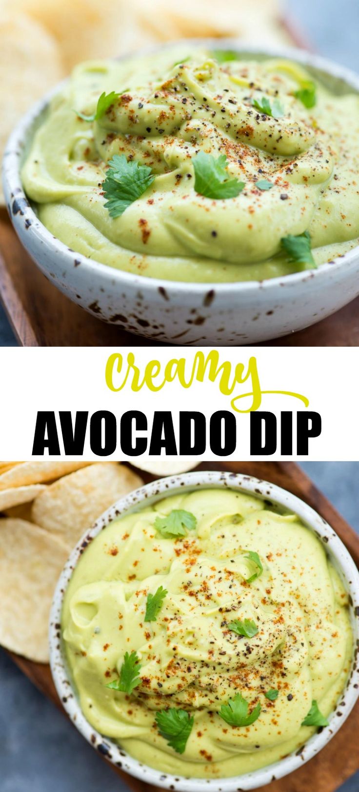 avocado dip in a white bowl with the words creamy avocado dip above it