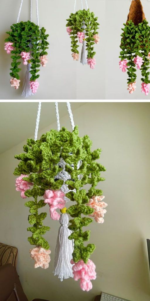 three pictures of different types of flowers hanging from strings