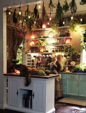 two women in a kitchen with plants hanging from the ceiling and potted plants on the shelves