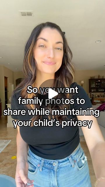 a woman is holding her hand out in front of the camera, with text that reads so vg want family photos to share while maintaining your child's privacy