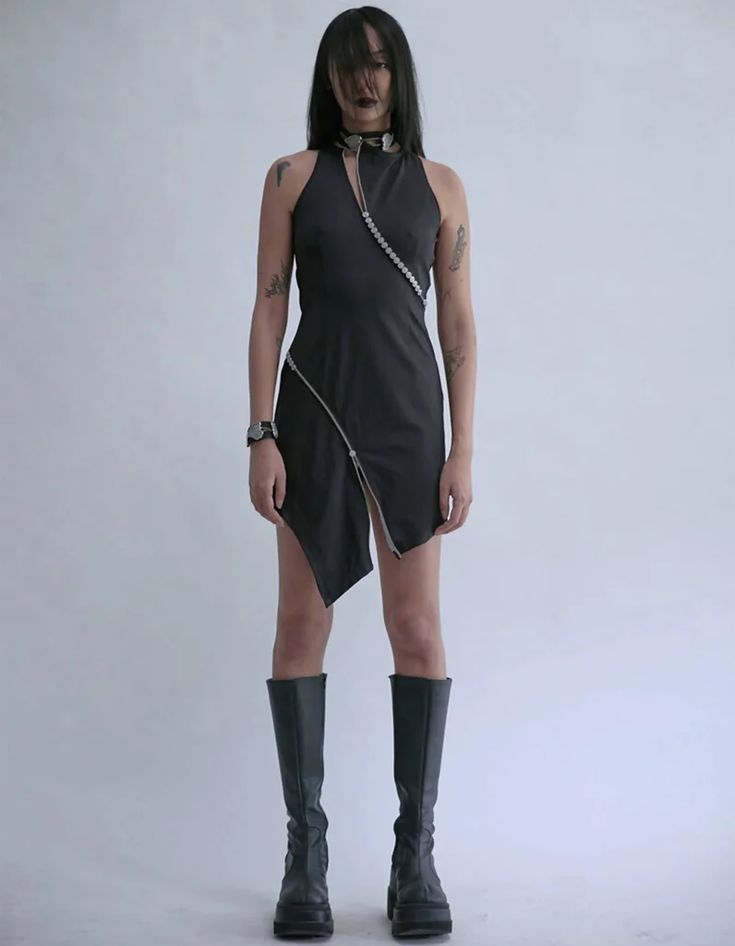 Button Zipper Vest Dress– NOT JUST A LABEL Gothic Knee-length Mini Dress, Gothic Knee-length Mini Dress For Night Out, Fitted Mini Dress With Zipper For Date Night, Fitted Mini Dress With Zipper Closure For Date Night, Fitted Gothic Mini Dress For Club, Gothic Fitted Mini Dress For Club, Stretch Mini Dress With Side Zipper For Club, Mini Club Dress With Invisible Zipper, Fitted Mini Dress With Asymmetrical Hem For Club