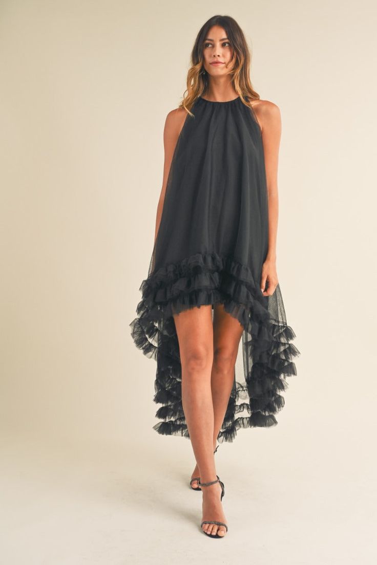 Slip into something special with this solid tulle mesh maxi dress! It's packed with features like the high-low ruffle tier detail and invisible zipper, so you can make a statement without saying a word. Plus, the lightweight fabric and figure-flattering silhouette will keep you feeling comfy and confident all night lon Flowy Ruffle Dress With Tiered Skirt For Party, Flowy Tiered Skirt Ruffle Dress For Party, Summer Maxi Dress With Ruffled Skirt For Prom, Summer Prom Maxi Dress With Ruffled Skirt, Maxi Party Dress With Layered Hem, Summer Prom Ruffle Dress, Spring Black Mesh Dress With Tulle Skirt, Black Mesh Dress With Tulle Skirt For Spring, Tiered Maxi Dress With Layered Hem For Party