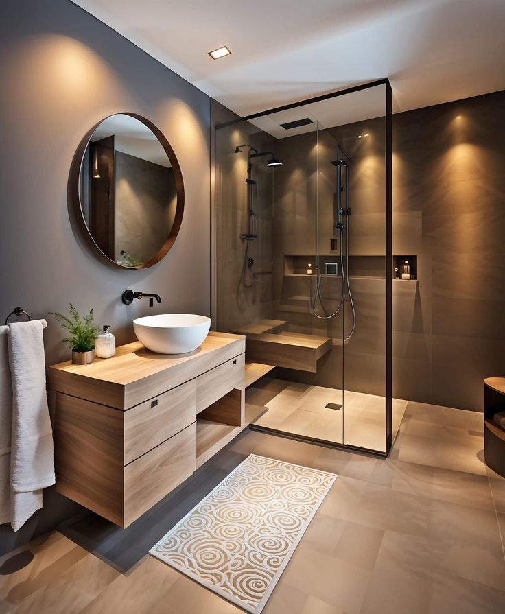 a bathroom with a sink, mirror and shower stall in it's own area