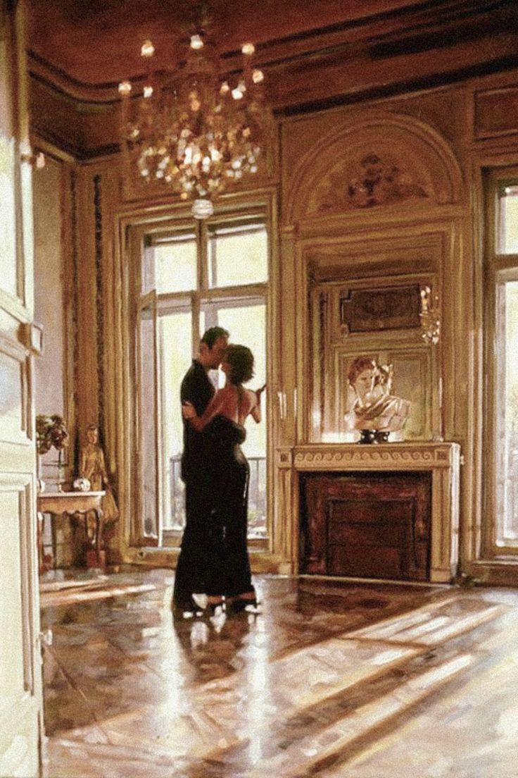 a man and woman are dancing in an ornate room with chandeliers on the walls