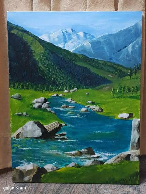 a painting of a mountain river in the middle of a green field with rocks and grass