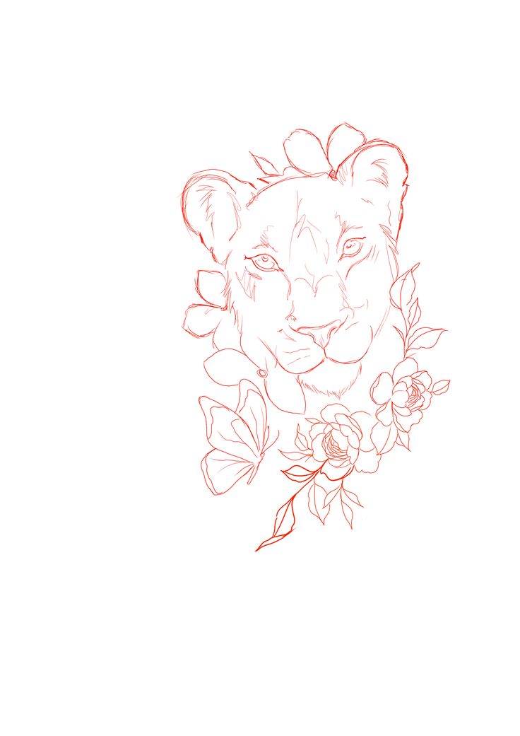 a drawing of a tiger with flowers around its neck