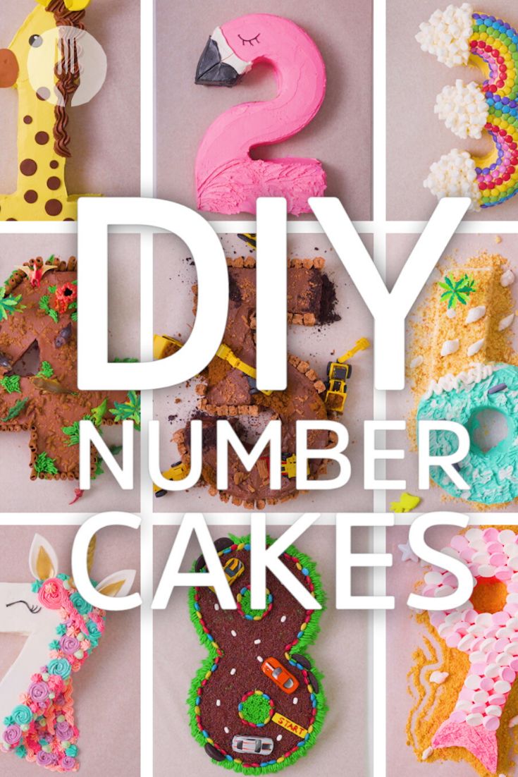 there are many different types of cakes on the table with words that say diy number cakes