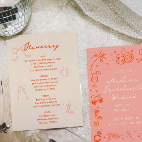 an orange and white wedding stationery is laying on the floor next to a disco ball