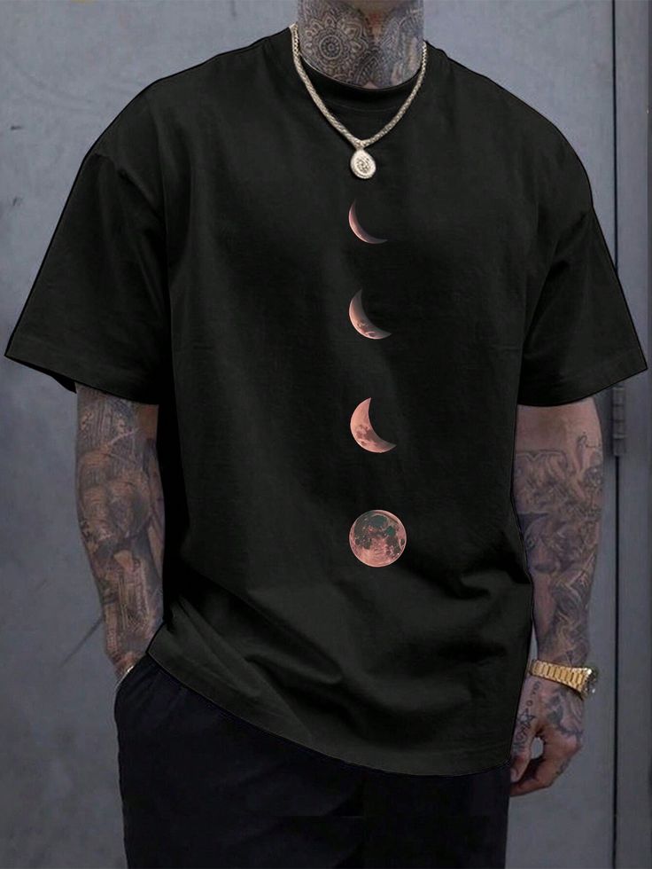 Black Casual Collar Short Sleeve Fabric Graphic  Embellished Slight Stretch  Men Clothing Moon Graphic Tee, Moon Pattern, Tee Shirt Homme, Tee Outfit, Mens Fashion Trends, Kids Beachwear, Vintage Tshirts, Women Clothes Sale, Collar Styles