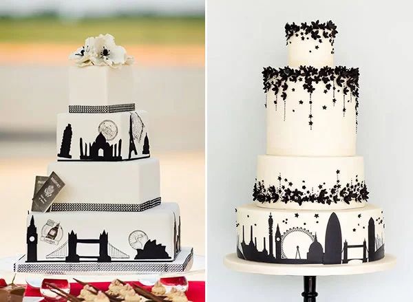 three different types of wedding cakes with black and white designs