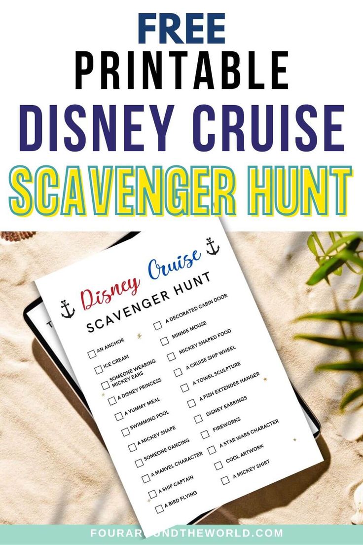 a disney cruise scavenger hunt with text overlay that reads free printable disney cruise scavenger hunt