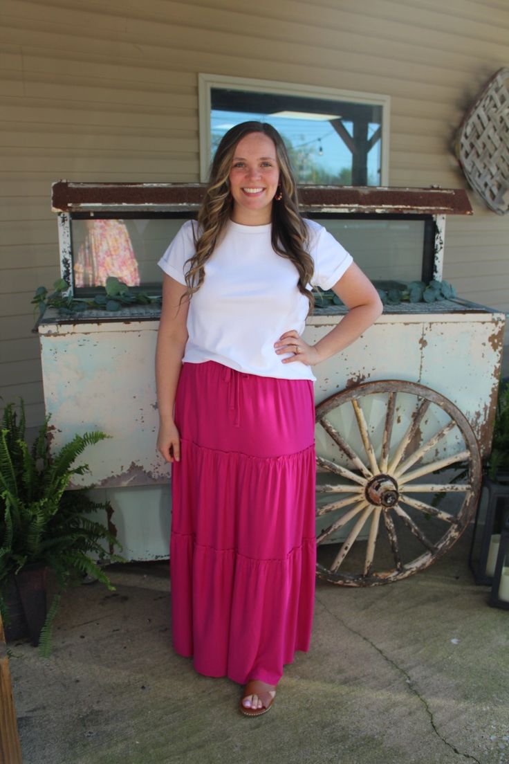 Featuring a drawstring elastic waist, this tiered maxi skirt is a must have for spring and summer! Color: Magenta Drawstring maxi skirt Tiered Cotton Model is 5'0 and wearing a medium. Casual Pink Cotton Maxi Skirt, Pink Tiered Flowy Maxi Skirt, Pink Full-length Maxi Skirt For Spring, Casual Red Non-stretch Maxi Skirt, Non-stretch Pink Lined Maxi Skirt, Affordable Boutique Clothing, Antique Candles, Tiered Maxi Skirt, Lantern Candle Holders